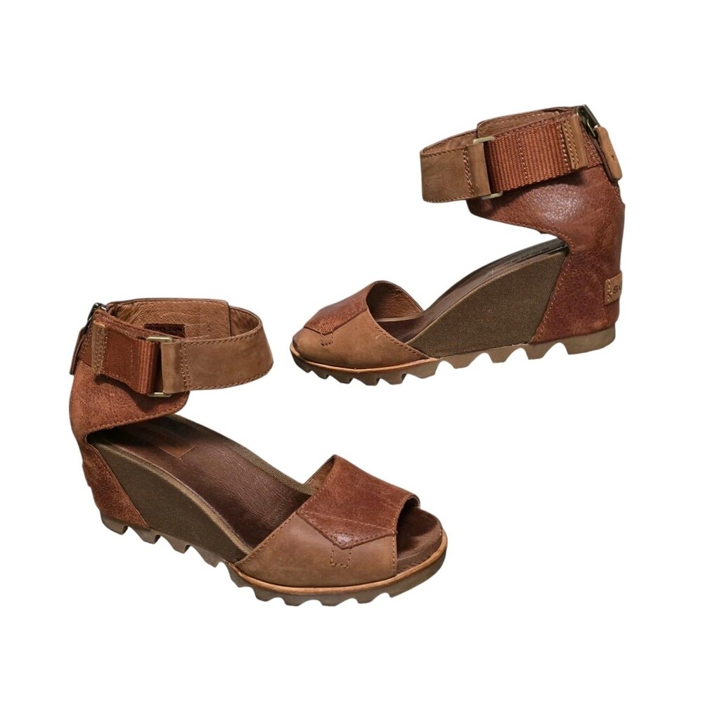 Sorel Joanie II Shoes Womens Size 8 Ankle Strap Wedge Sandals Brown Leather